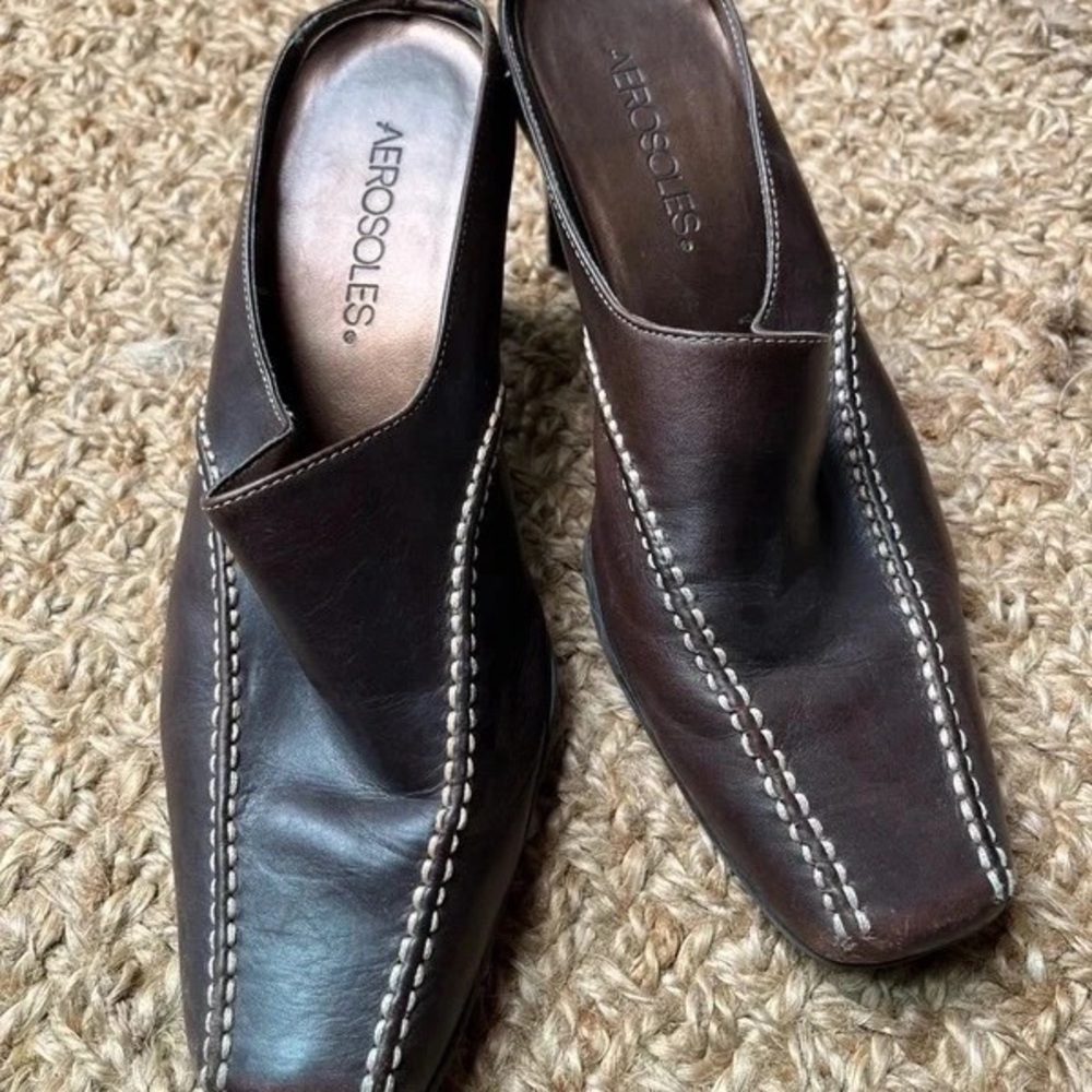 AEROSOLES Dark Brown Leather Slip-On Mules with Contrast Stitching - Picture 4 of 5